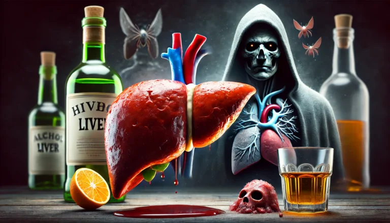A side-by-side comparison of a healthy liver and a diseased, fatty liver damaged by alcohol consumption. In the background, an ominous bottle of alcohol looms, symbolizing the risks of drinking for individuals with fatty liver disease