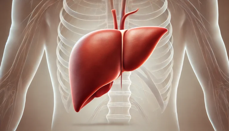A realistic medical illustration of a healthy human liver, smooth and reddish-brown, set against a neutral anatomical background, symbolizing normal liver function