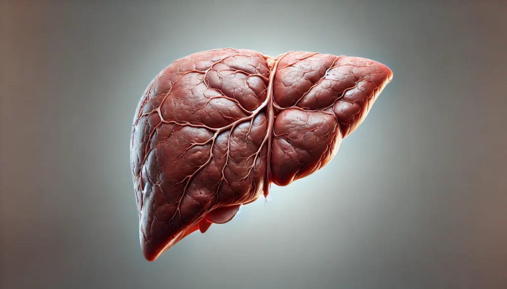 Stages of Liver Disease: How to Recognize Symptoms and Protect Your Health 2 A realistic medical illustration of a human liver in an advanced stage of liver disease, showing severe scarring, nodules, and a rough, discolored surface, highlighting significant damage