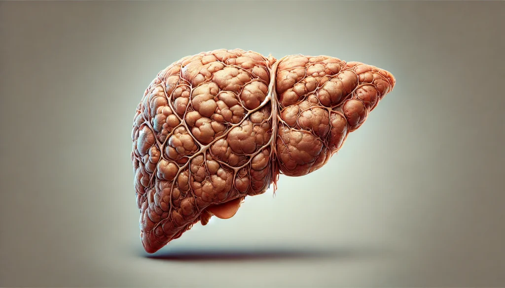 Stages of Liver Disease: How to Recognize Symptoms and Protect Your Health 3 A realistic medical illustration of a human liver in the end stage of liver disease (cirrhosis), showing severe scarring, shrinkage, extensive nodules, and discoloration, emphasizing extreme liver damage