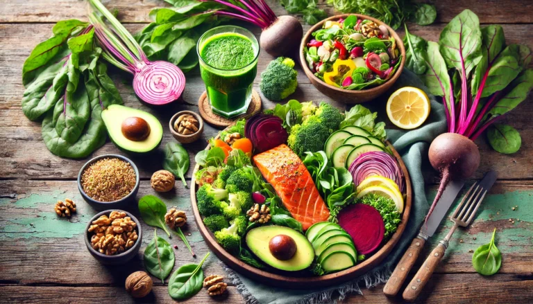 A colorful, nutritious meal arranged on a rustic wooden table, featuring liver-friendly foods such as leafy greens, cruciferous vegetables, avocados, walnuts, and beets. The meal includes a green smoothie and a plate of grilled salmon, quinoa, and vibrant vegetables, promoting liver detoxification and health