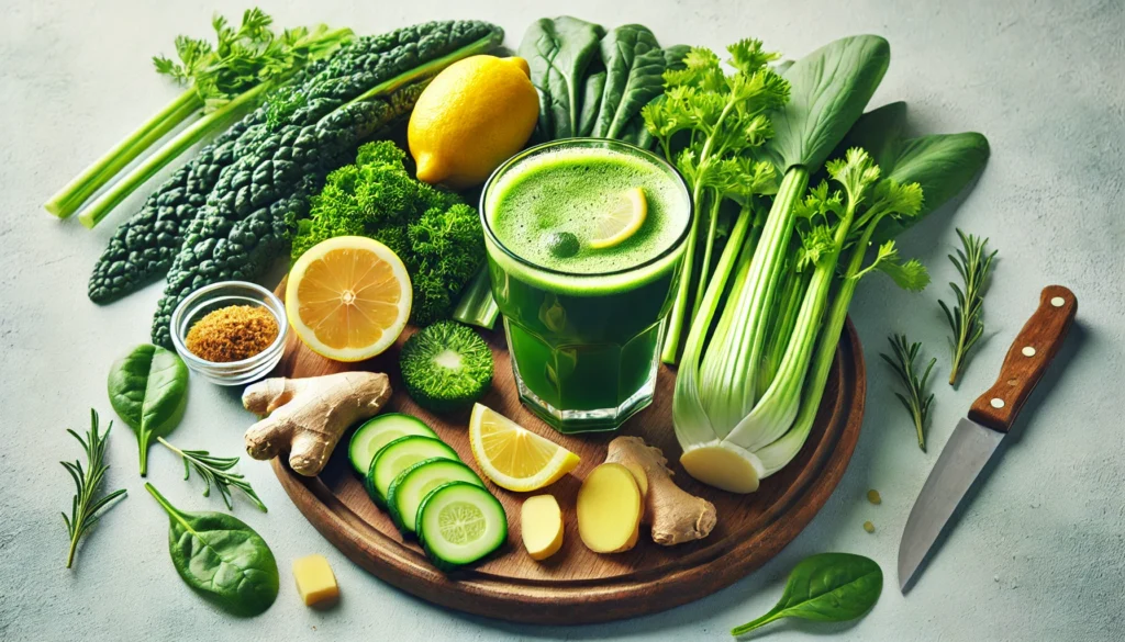 The Ultimate Liver Steatosis Diet: Best Foods to Reverse Fatty Liver & Boost Detoxification 1 A refreshing green detox juice made with kale, spinach, celery, lemon, and ginger, served in a clear glass with ice. Surrounding the juice are fresh ingredients, including sliced lemons, ginger root, and leafy greens, emphasizing a natural and healthy approach to liver detoxification