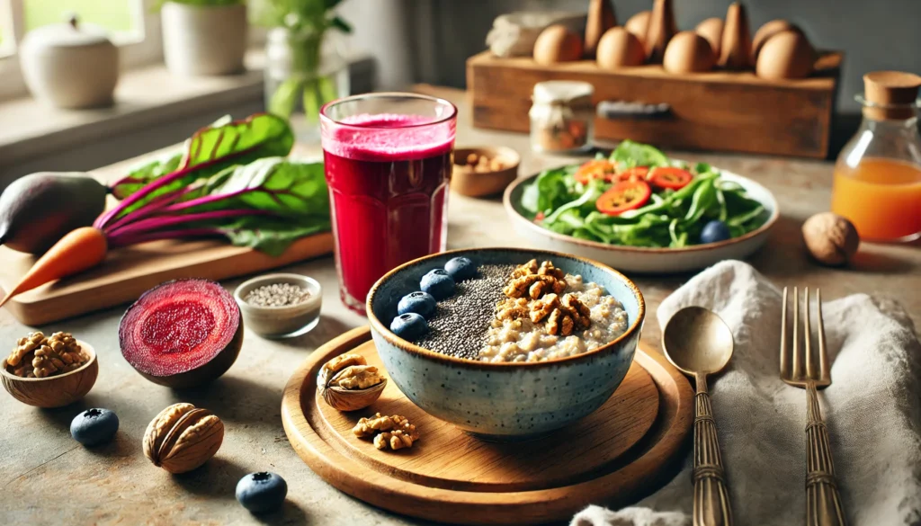 The Ultimate Liver Steatosis Diet: Best Foods to Reverse Fatty Liver & Boost Detoxification 3 A warm and healthy breakfast spread in a serene kitchen setting, featuring a bowl of oatmeal topped with walnuts, blueberries, and chia seeds. A glass of freshly squeezed beet and carrot juice sits nearby, along with a plate of steamed greens and sliced avocado on a wooden tray, representing a nourishing start for liver detox and reversing fatty liver
