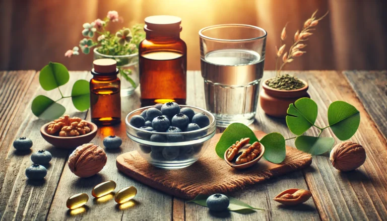 A wooden table displaying brain-boosting supplements, including a glass of water, fresh blueberries, walnuts, green tea leaves, fish oil capsules, and a Ginkgo Biloba leaf, with a softly lit nature-inspired background.