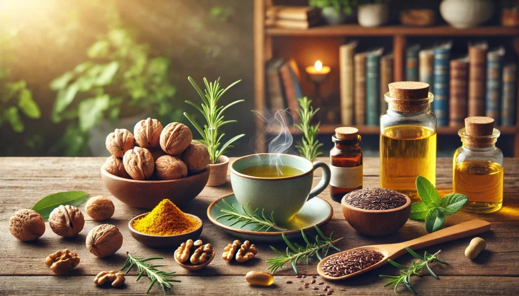 A rustic wooden table with walnuts, turmeric powder, rosemary sprigs, flaxseeds, a bottle of Omega-3 fish oil capsules, and a steaming cup of green tea, with a softly lit background featuring a blurred bookshelf and greenery.