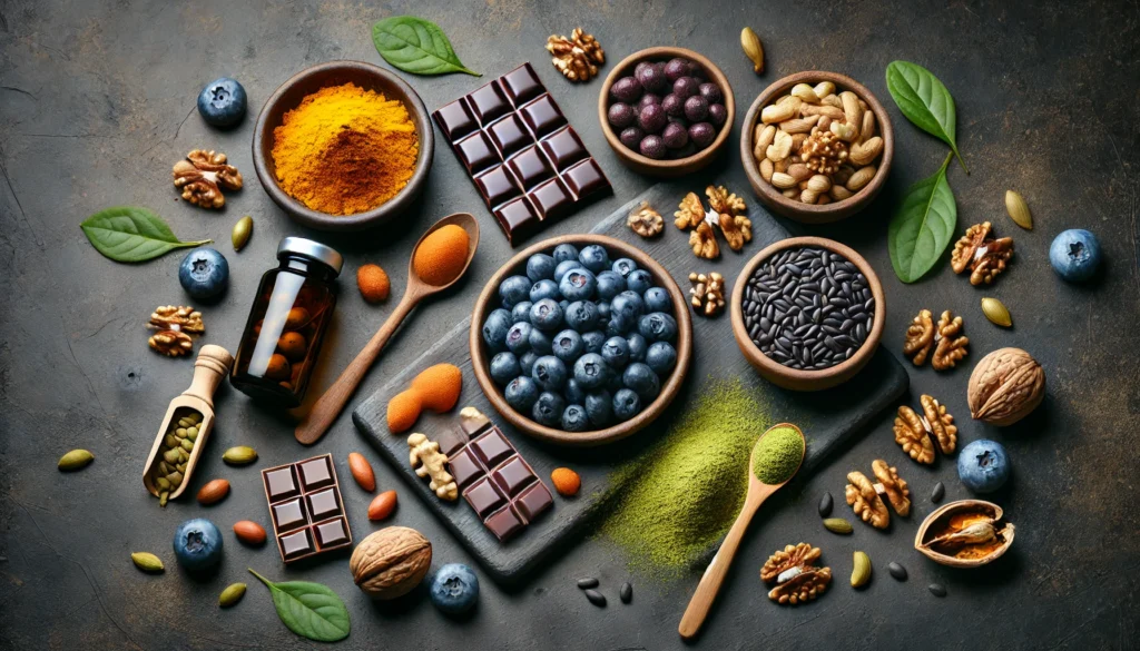 A flat-lay composition of brain-boosting superfoods on a dark slate background, including blueberries, walnuts, turmeric root, dark chocolate, mixed seeds, powdered green tea in a wooden spoon, and a bottle of Omega-3 fish oil capsules.