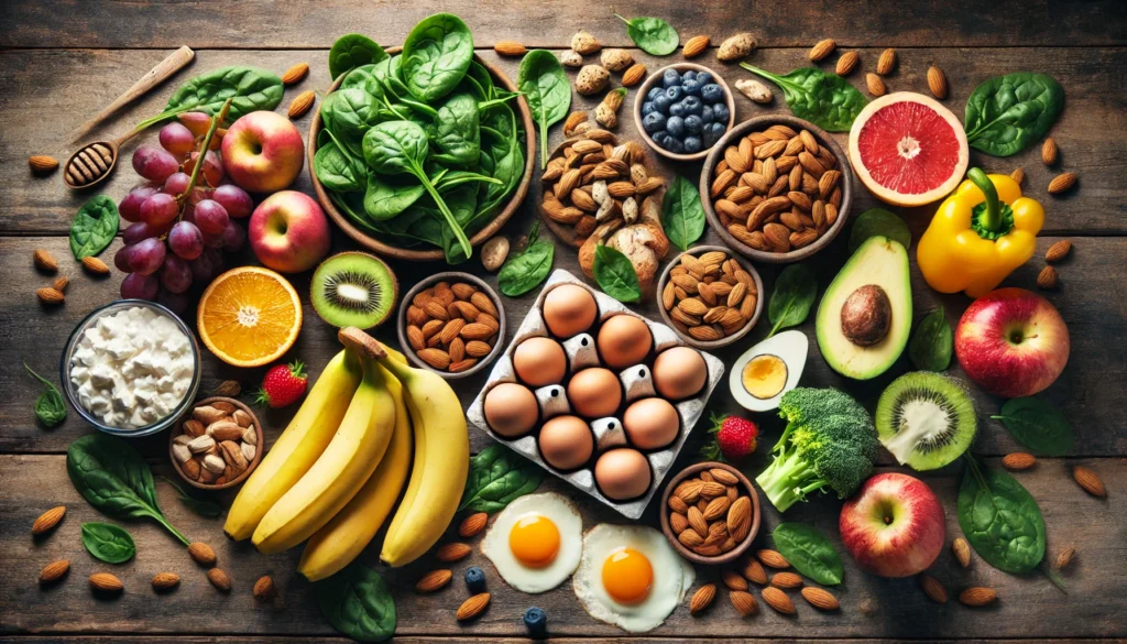 A vibrant display of fresh energy-boosting foods, including bananas, almonds, spinach, and eggs, arranged on a rustic wooden table. The mix of colorful fruits, nuts, leafy greens, and protein-rich foods highlights a diet for sustained energy