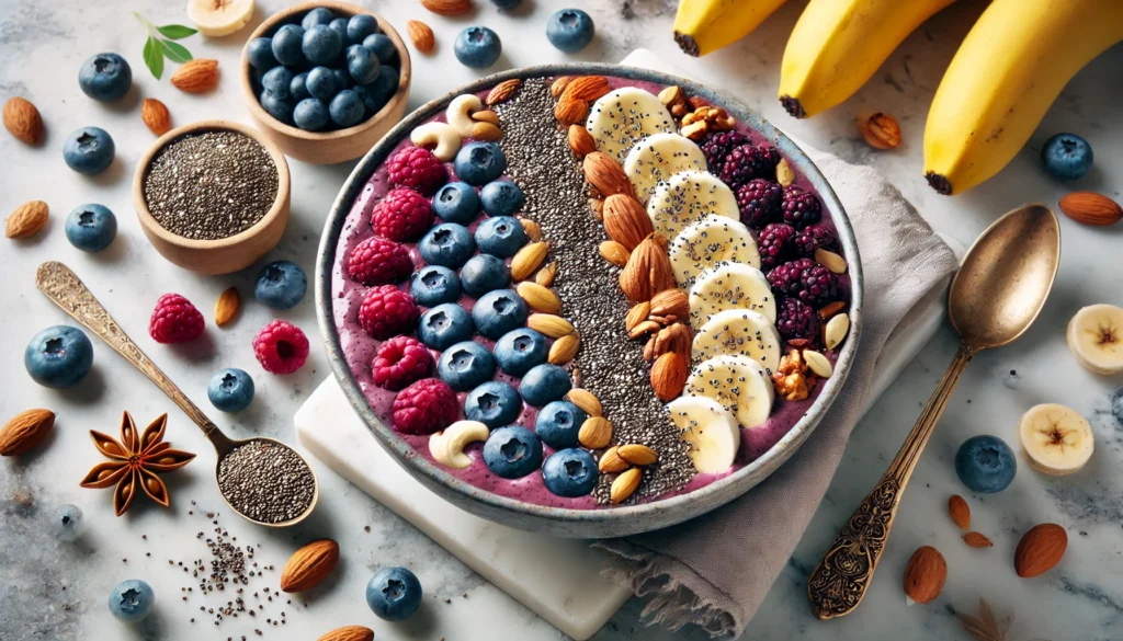 A beautifully arranged smoothie bowl with energy-boosting ingredients such as blueberries, chia seeds, sliced bananas, and nuts, placed on a marble countertop. The vibrant colors showcase the natural nutrition of these superfoods