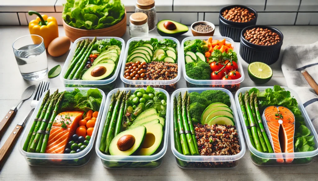 A healthy meal prep setup featuring energy-boosting foods like quinoa, grilled salmon, avocado, and steamed vegetables in meal containers, displayed on a clean wooden kitchen counter. A balanced mix of proteins, whole grains, and vegetables.