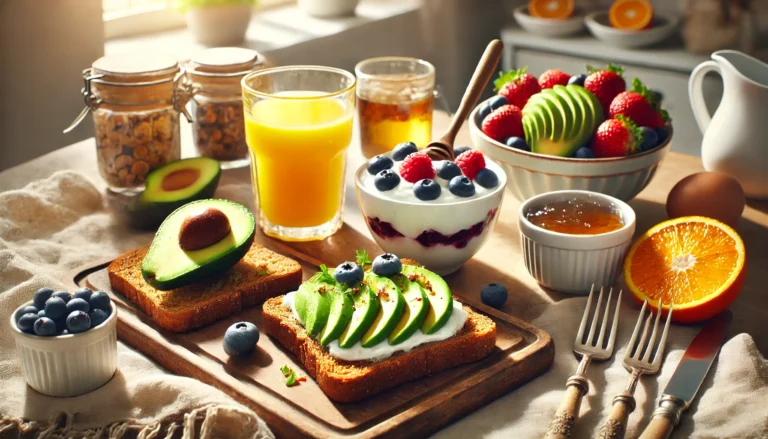 A breakfast spread designed to boost energy, with whole-grain toast topped with avocado, a bowl of Greek yogurt with mixed berries and honey, and a glass of fresh orange juice. The setup is illuminated by natural morning light