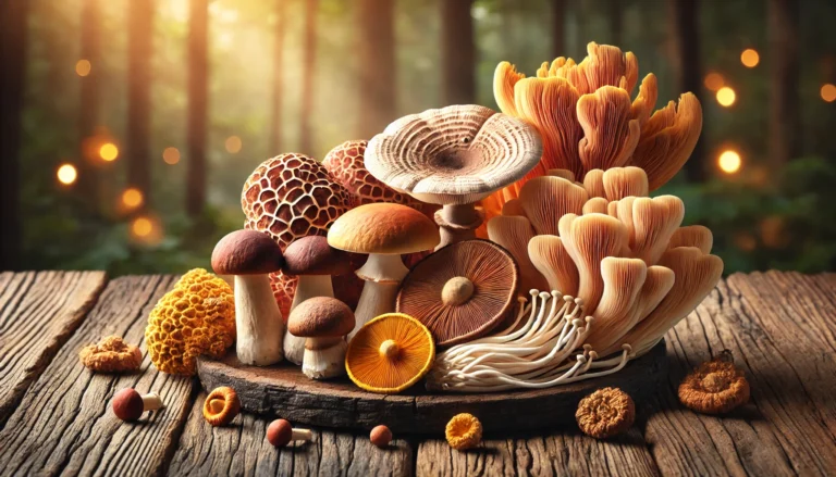 A collection of fresh medicinal mushrooms, including lion's mane, reishi, and cordyceps, displayed on a rustic wooden table with soft natural lighting. The mushrooms are arranged aesthetically with a blurred forest background, emphasizing their role in cognitive health.