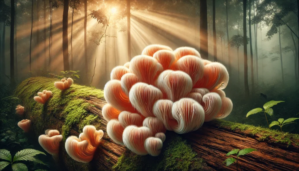 A high-detail close-up of lion’s mane mushrooms growing on a tree trunk in a misty forest. The mushrooms have a shaggy texture, softly illuminated by sunlight filtering through the trees, symbolizing natural brain support.