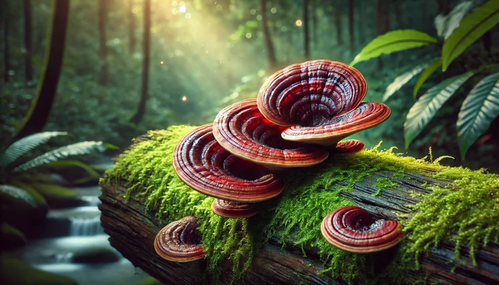 A close-up view of glossy red and brown reishi mushrooms growing on a moss-covered log in a serene forest. The soft lighting highlights their adaptogenic and cognitive-enhancing properties.