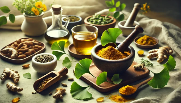 A serene still life featuring fresh ginkgo biloba leaves, a bowl of turmeric powder, a mortar and pestle with ground herbs, and a glass of green tea, symbolizing natural brain health remedies.