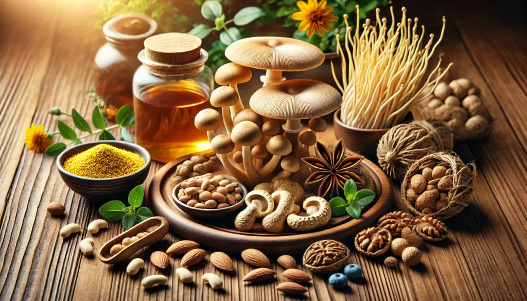 A holistic wellness display of lion’s mane mushrooms, ashwagandha root, a cup of brewed herbal tea, and omega-3-rich nuts, emphasizing cognitive support and natural supplements.