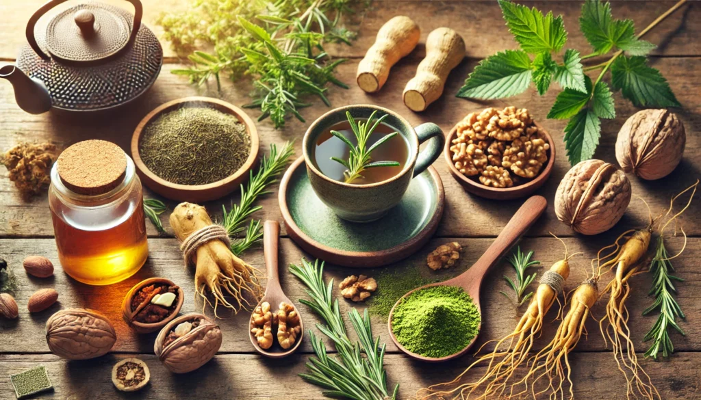 A visually appealing rustic setup of rosemary sprigs, ginseng roots, matcha powder, walnuts, and a steaming cup of herbal tea, highlighting herbal infusions that boost brain function.