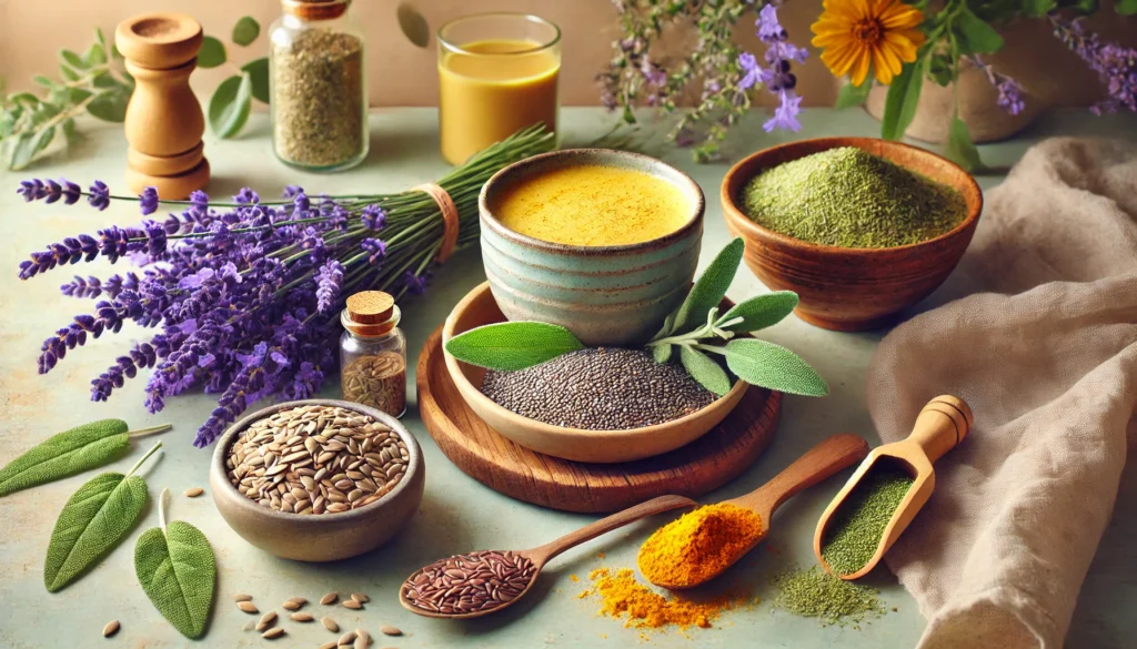 A calming nature-inspired scene with dried lavender, a bowl of chia and flaxseeds, a cup of golden milk (turmeric latte), and fresh sage leaves, evoking relaxation and mental clarity.