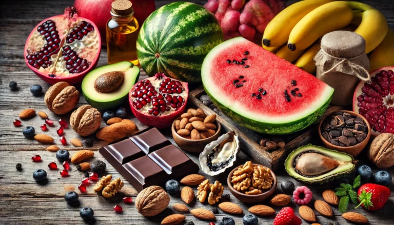 A vibrant display of vitamin-rich foods known to enhance male performance, including watermelon, pomegranate, bananas, almonds, walnuts, dark chocolate, and oysters, arranged on a rustic wooden tabl