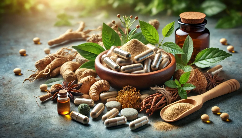 Best Vitamins for Erectile Strength: Natural Supplements to Boost Performance and Stamina 1 An artistic composition of herbal supplements and natural extracts like ginseng, maca root, ashwagandha, and L-arginine in capsule and powdered form, placed alongside herbal roots on a smooth stone surface with a greenery background.