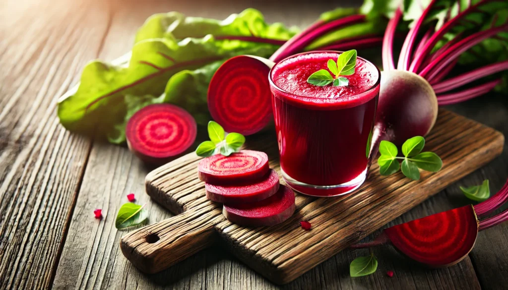 Best Vitamins for Erectile Strength: Natural Supplements to Boost Performance and Stamina 2 A visually appealing image of a glass of beetroot juice with freshly sliced beetroot on a wooden cutting board, highlighting its deep red color and its association with increased blood flow and vitality.