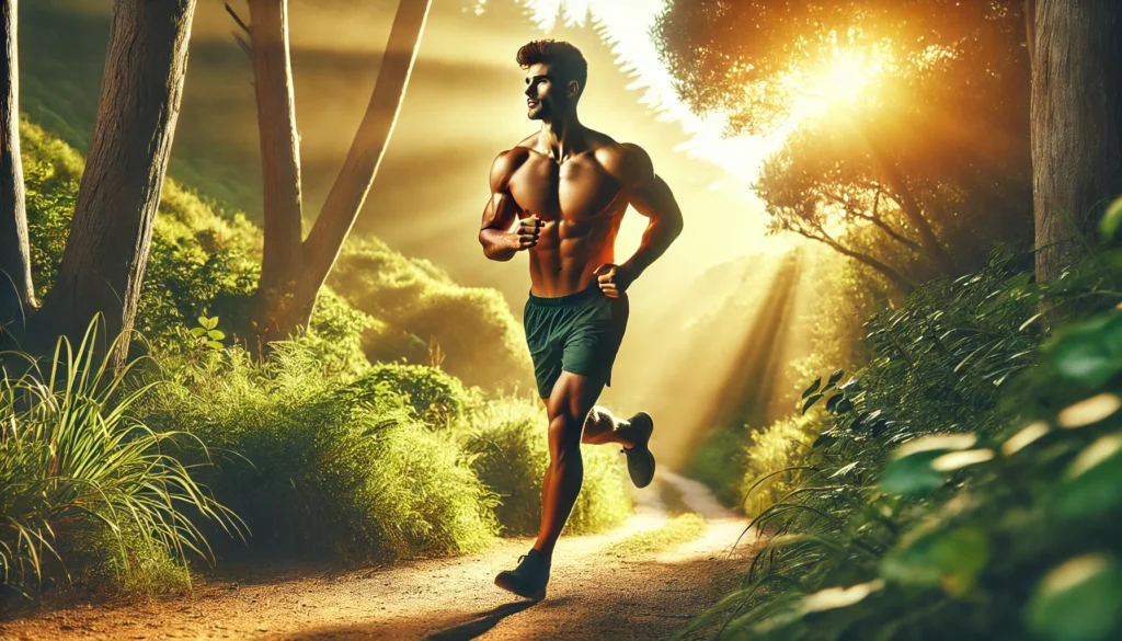 Best Vitamins for Erectile Strength: Natural Supplements to Boost Performance and Stamina 3 A dynamic image of a fit, muscular man jogging along a scenic trail with lush greenery and morning sunlight, symbolizing stamina, endurance, and the benefits of natural supplements for male health.