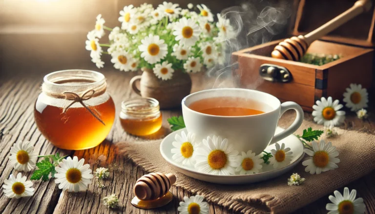 A warm cup of chamomile tea with gentle steam rising, surrounded by fresh chamomile flowers and a honey dipper, set on a rustic wooden table with soft natural lighting.