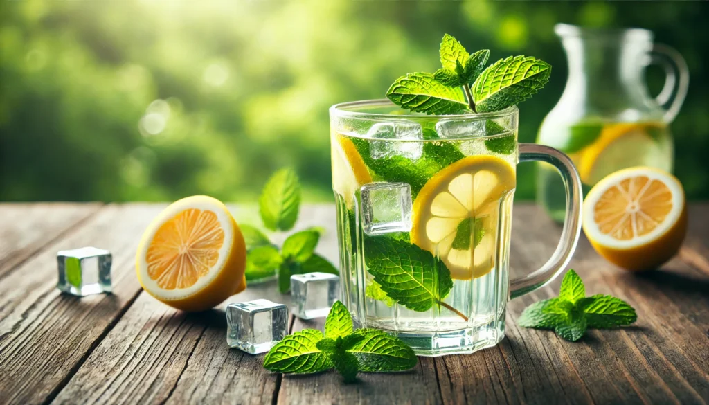 A refreshing glass of lemon balm tea with ice cubes, fresh lemon slices, and mint leaves, served in a clear glass on an outdoor wooden table with a lush green garden background.