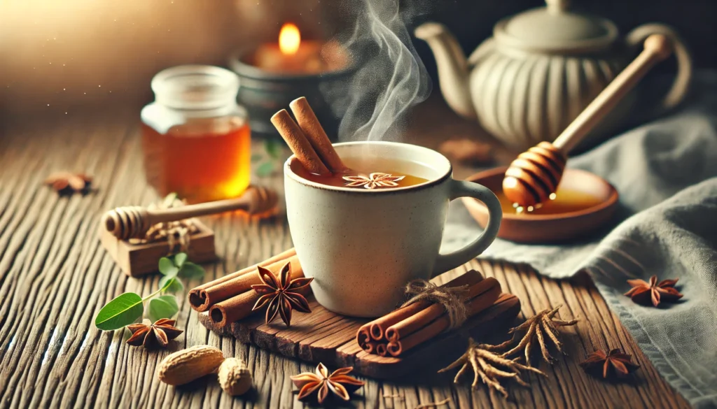 A steaming mug of ashwagandha root tea with cinnamon sticks, star anise, and a honey dipper, placed on a cozy wooden table with a softly lit, calming atmosphere.