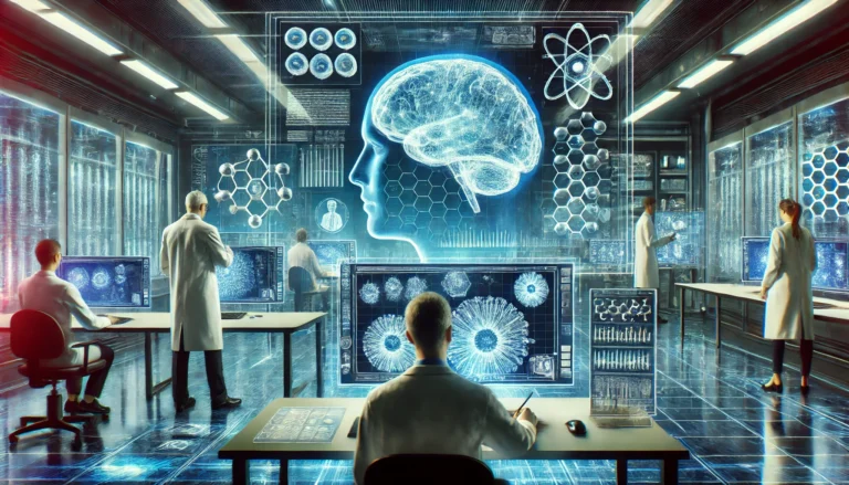 A futuristic science lab with researchers analyzing brain activity on high-tech monitors. The blue-lit environment represents neuroscience and cognitive enhancement studies, with brain scans and molecular structures on screens symbolizing scientific research on memory supplements.