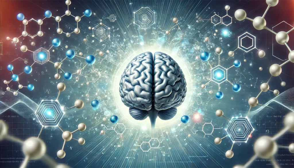 A close-up of a human brain surrounded by glowing molecular structures, visually representing the interaction between supplements and brain chemistry. The background features a futuristic, scientific aesthetic with a soft blue glow, emphasizing cognitive enhancement.