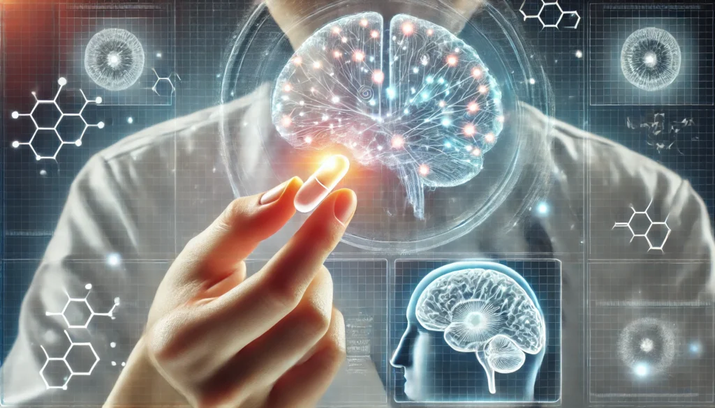 A conceptual image of a person taking a supplement pill, with a transparent brain overlay showing neural connections activating. The futuristic background and glowing effects symbolize cognitive enhancement and memory improvement.