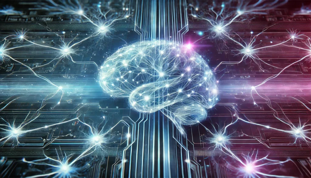 A digital visualization of brain neurons glowing and dynamically connecting, symbolizing enhanced memory and cognitive function. The background features a high-tech, digital aesthetic with blue and purple tones, representing the scientific research behind brain-boosting supplements.