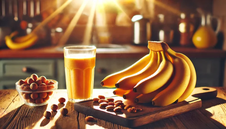 Fresh bananas with a smoothie and nuts on a wooden counter, symbolizing natural energy.
