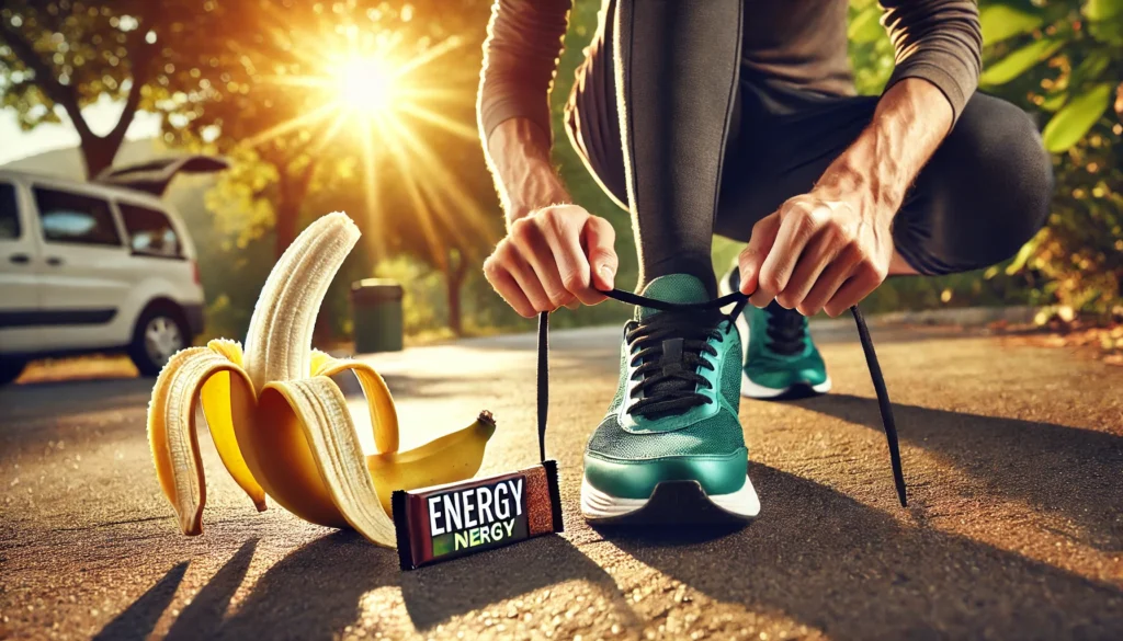 A runner preparing for exercise with a banana and energy bar, representing natural fuel.