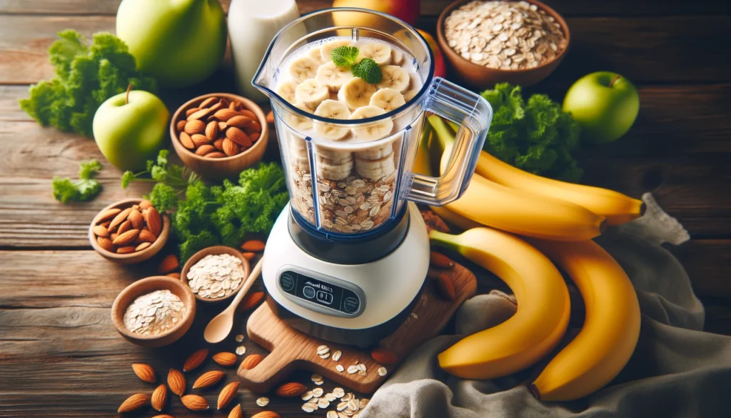 A blender with bananas, oats, and almond milk, preparing a natural energy smoothie.