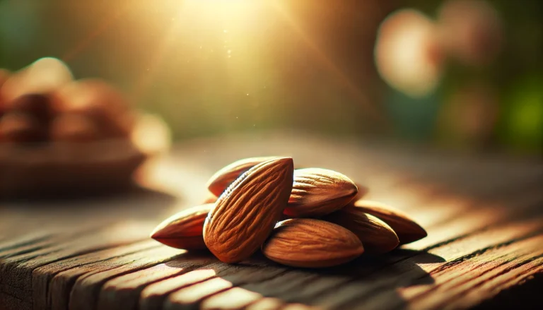 A close-up of fresh almonds resting on a wooden surface under warm sunlight, showcasing their natural oils and energy-boosting nutrients.