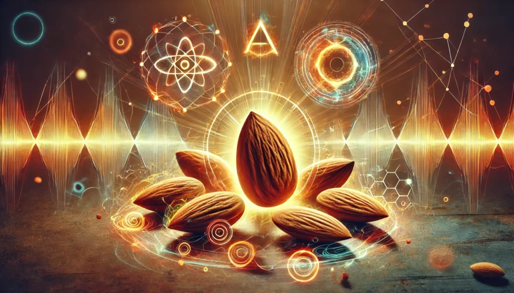 Do Almonds Give You Energy? The Science Behind Their Natural Power Boost 1 A dynamic artistic composition of glowing almonds surrounded by abstract energy waves, symbolizing their role as a natural energy source.