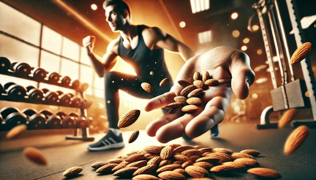 Do Almonds Give You Energy? The Science Behind Their Natural Power Boost 2 A fitness enthusiast reaching for a handful of almonds in a gym setting, emphasizing their use as an energy booster for an active lifestyle.