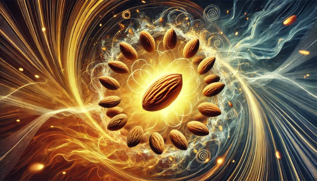 Do Almonds Give You Energy? The Science Behind Their Natural Power Boost 3 A visually striking depiction of almonds enveloped by swirling golden energy currents, representing their sustained energy release.