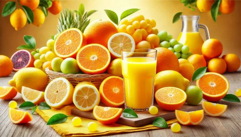 A vibrant still life featuring fresh oranges, lemons, and other citrus fruits, alongside a glass of orange juice. The bright colors and refreshing setting symbolize the natural source of Vitamin C and its role in vitality and wellness.