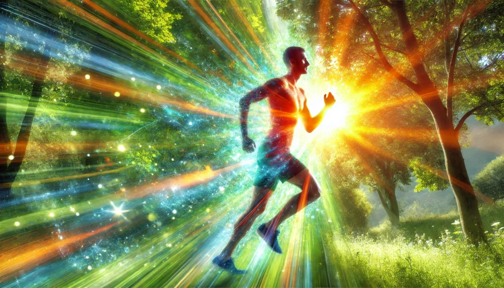Does Vitamin C Give You Energy? Exploring Its Benefits for Vitality and Wellness 1 A dynamic and energetic scene of a fit, healthy person jogging in the morning sunshine with lush green nature in the background. The bright and uplifting atmosphere represents the energy and vitality linked to Vitamin C.
