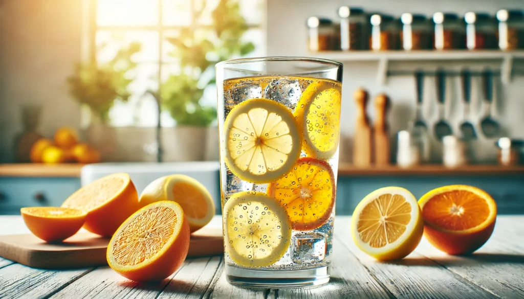 Does Vitamin C Give You Energy? Exploring Its Benefits for Vitality and Wellness 2 A close-up of a refreshing glass of citrus-infused water with floating slices of lemon and orange. Set against a bright, healthy kitchen background, the image symbolizes hydration, wellness, and the benefits of Vitamin C.