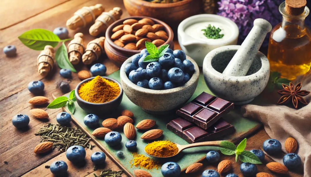 A vibrant display of dopamine-boosting foods including blueberries, almonds, dark chocolate, and green tea leaves arranged on a wooden table. A mortar and pestle with turmeric and a small bowl of probiotic-rich yogurt add to the natural brain health theme.