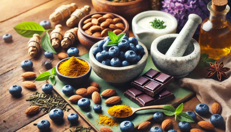 A vibrant display of dopamine-boosting foods including blueberries, almonds, dark chocolate, and green tea leaves arranged on a wooden table. A mortar and pestle with turmeric and a small bowl of probiotic-rich yogurt add to the natural brain health theme.