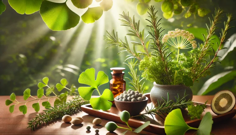 A serene natural setting with fresh Ginkgo Biloba, Rosemary, and Bacopa Monnieri leaves bathed in sunlight, symbolizing natural herbal remedies for focus and concentration.