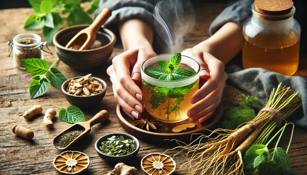 Hands preparing herbal tea for mental clarity with Ginseng, Gotu Kola, and Peppermint on a rustic wooden table, emphasizing natural cognitive enhancement.