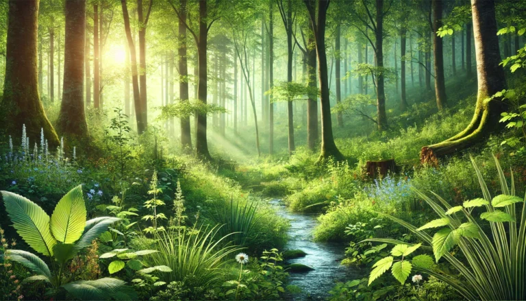 A serene, calming image of a lush green forest with dappled sunlight filtering through the trees, creating a peaceful, energizing atmosphere. The forest is full of vibrant plants, herbs, and wildflowers, representing the concept of natural energy. A small stream flows gently in the foreground, symbolizing tranquility and vitality. The environment evokes feelings of calmness and rejuvenation, connecting with the theme of herbal remedies for boosting energy and motivation