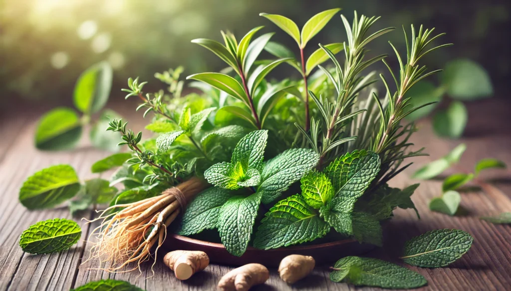 The Best Natural Alternatives to Energy Drugs: Herbal Remedies for Boosting Energy and Motivation 1 A close-up shot of various fresh, green herbs like peppermint, ginseng, and rosemary arranged beautifully on a wooden surface. The herbs are vibrant and full of life, symbolizing natural energy boosters. Soft lighting enhances the colors and textures of the plants, conveying a sense of vitality and natural wellness. The scene focuses on the calming yet energizing qualities of herbal remedies for boosting motivation and energy.