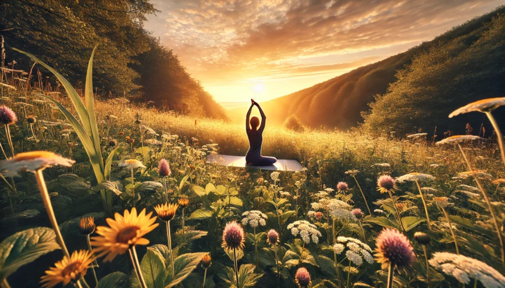 The Best Natural Alternatives to Energy Drugs: Herbal Remedies for Boosting Energy and Motivation 2 A peaceful, wide-angle image of a person practicing yoga in a field of wildflowers at sunrise. The scene conveys a sense of calm and energy, with the person stretching and embracing the natural environment. The soft golden hues of the sunrise symbolize motivation, while the lush field of flowers represents herbal and natural remedies that enhance vitality and well-being. This tranquil scene illustrates how nature and mindfulness can boost energy and motivation without the need for artificial stimulants
