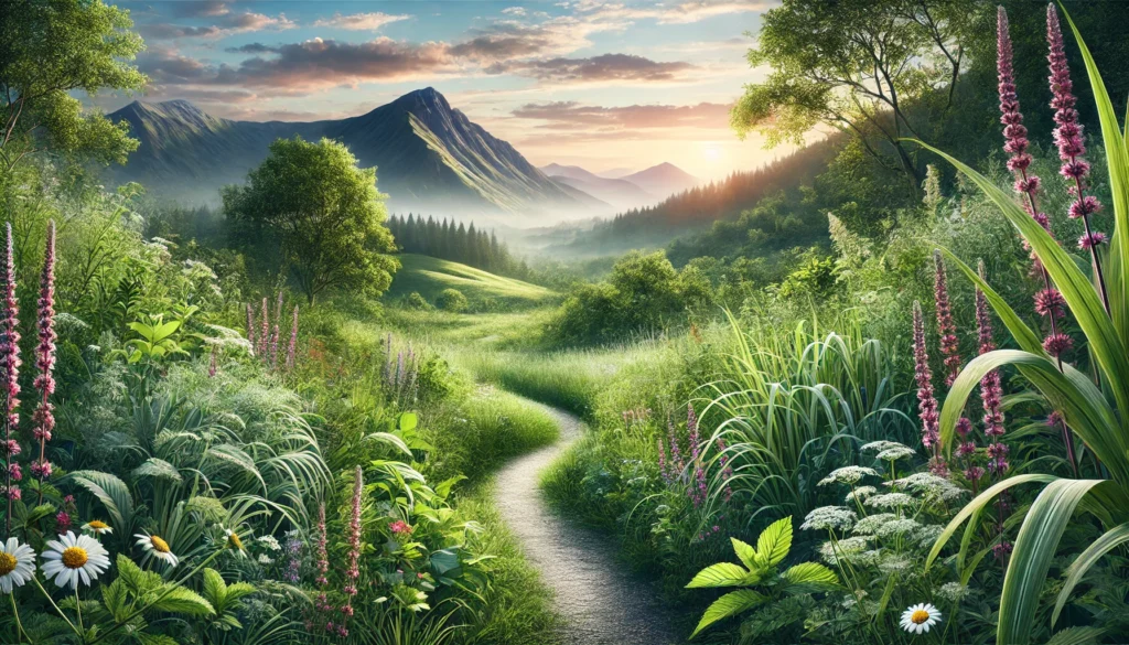 The Best Natural Alternatives to Energy Drugs: Herbal Remedies for Boosting Energy and Motivation 3 A beautiful natural landscape featuring a winding path through a lush green meadow with tall grasses, wild herbs, and flowers along the way. In the distance, a mountain range is bathed in the soft light of early morning, symbolizing clarity and motivation. The scene captures the essence of nature's energy, evoking feelings of vitality and inspiration. The combination of wild herbs and the expansive view represents the power of natural remedies to boost energy and motivation